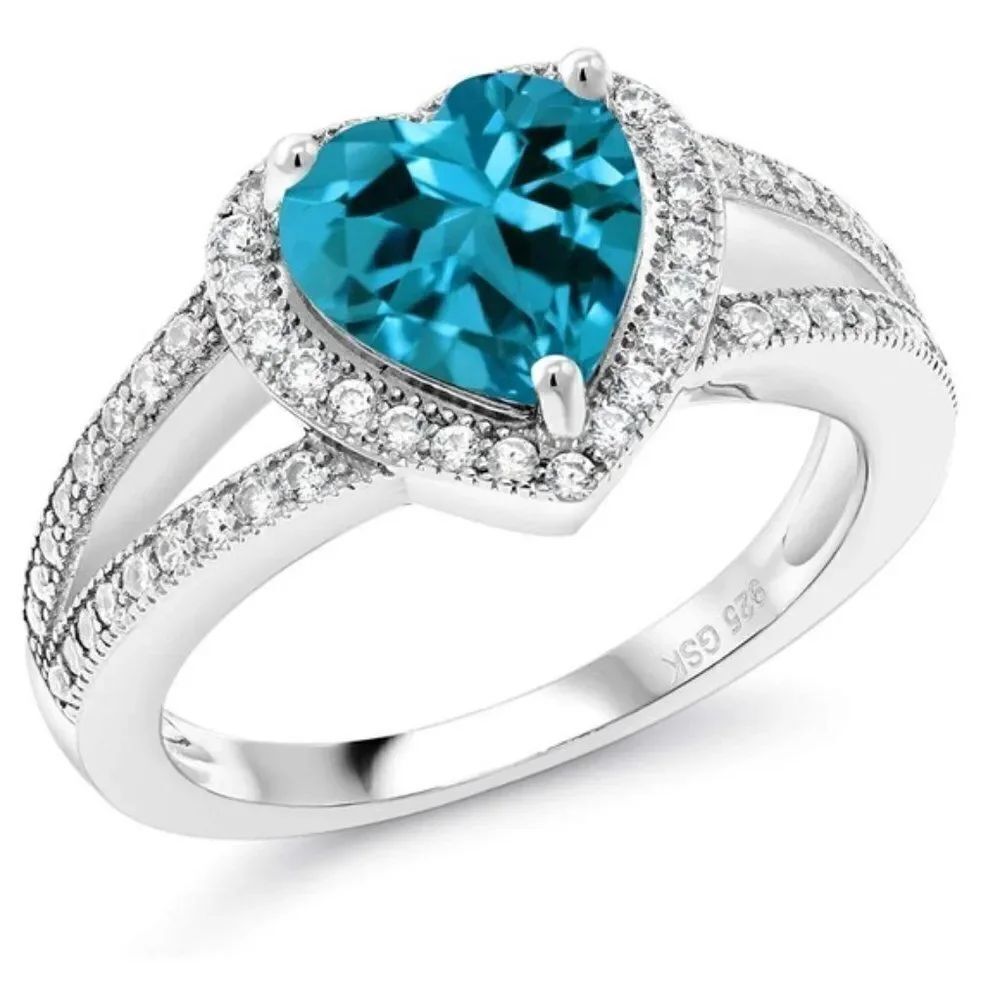 .925 Sterling Silve with London Blue Topaz and Diamond Cubic Zirconia Heart Ring